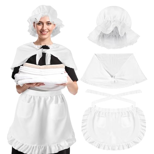 Kolonial-Kostüm für Damen, Kolonial-Stil, weiße Haube, Spitzenschal und Rüschen, Taillenschürze mit Taschen, Dienstmädchenkleid für Party, Cosplay, historische Nachstellung, Schulaktivitäten, 3 Stück Kolonial-Kostüm für Damen, Kolonial-Stil, weiße Haube, Spitzenschal und Rüschen, Taillenschürze mit Taschen, Dienstmädchenkleid für Party, Cosplay, historische Nachstellung, Schulaktivitäten, 3 Stück von Quilax