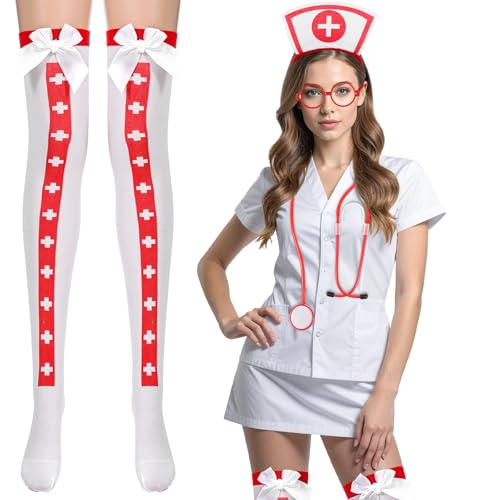 Quilax Krankenschwester Kostüm Halloween Damen Zubehör Set Inklusive Roter Krankenschwester Hut Stirnband Brille Stethoskop Hohe Socken für Halloween Cosplay Party von Quilax