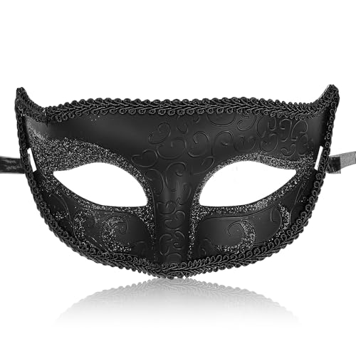 Quilax Maskerade Maske für Männer, Vintage Schwarze Maskerade Maske, Venezianische Schwarze Augenmasken für Halloween Party Abschlussball Ball Kostüm von Quilax