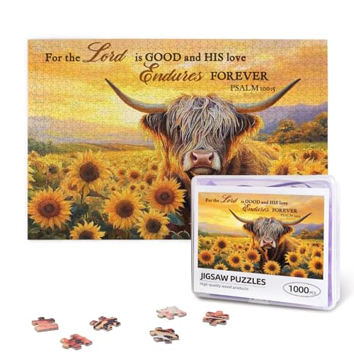 Highland Cow Sonnenblume Puzzles 1000 Teile für Erwachsene Niedliche Tierblumen Stück Holzpuzzle für Erwachsene Familienspiel Motivationsspielzeug Pädagogische Geburtstagsgeschenke Herausfordernd von QuillGlyph