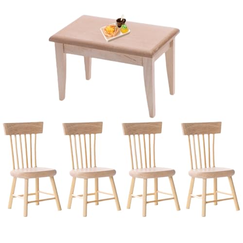 Quintrost 10 Stück Mini Tisch und Stuhl Ornamente, 1:12 Puppenhaus Schreibtischstuhl Set mit Miniatur Harz Lebensmittel Pommes, Holz Simulierter Tisch Mini Möbel Modell Spielzeug Zubehör (Holzfarbe) von Quintrost