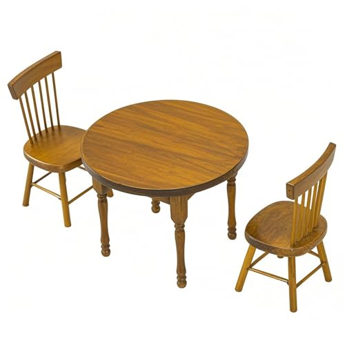Quintrost 3 Stück Mini Tisch und Stuhl Ornamente, 1:12 Puppenhaus Schreibtischstuhl Set Miniatur Simulierter Schreibtischstuhl, Vintage Runden Tisch Mini Möbel Modell Spielzeug Zubehör (Braun) von Quintrost