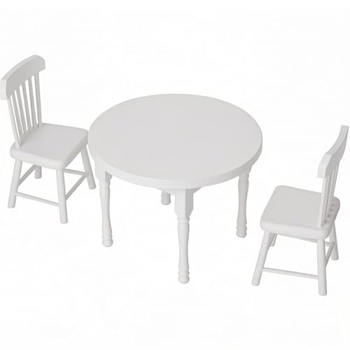 Quintrost 3 Stück Mini Tisch und Stuhl Ornamente, 1:12 Puppenhaus Schreibtischstuhl Set Miniatur Simulierter Schreibtischstuhl, Vintage Runden Tisch Mini Möbel Modell Spielzeug Zubehör (Weiß) von Quintrost