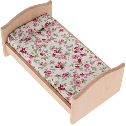Quintrost Miniatur Puppenhaus Bett Baby Puppenbett Ornamente, 1:12 Puppenhausbett Dekoration Möbel Set, Simulierter Bett Holz Mini Ornament Modell, Spielzeug Puppenmöbel Zubehör Deko von Quintrost