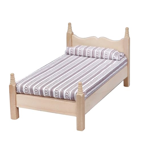 Quintrost Miniatur Puppenhaus Bett Baby Puppenbett Ornamente, 1:12 Puppenhausbett Dekoration Möbel Set, Simulierter Bett Holz Mini Ornament Modell, Spielzeug Puppenmöbel Zubehör Deko von Quintrost