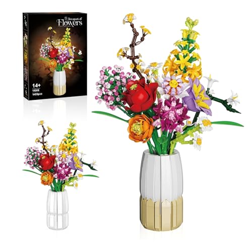 Blumen Strauß Bausteine mit Vase, Künstliche Blumen Botanische Sammlung Blöcke Kit für Frauen - Blumen-Sets für Haus Büro Dekor, Geschenke für Erwachsene Muttertag Geburtstag Valentinstag(1458Stück) von QuirkQuest