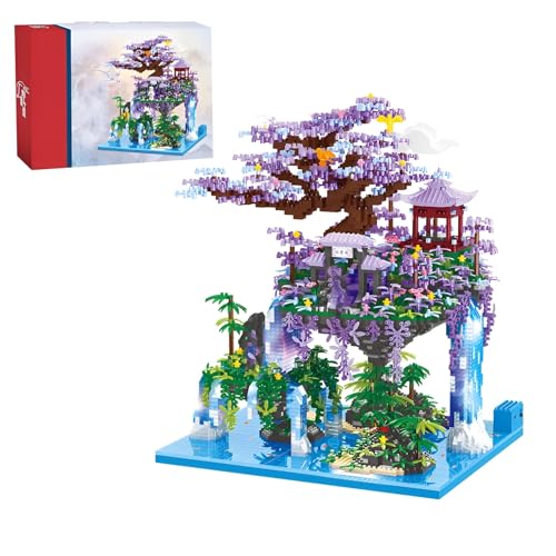 Kirschblüten Baum Mini Bausteine Bausatz, 4574Stück Japanische Sakura Baumhaus Architektur Modell, Blumen Konstruktionen Bonsai Pflanze Micro Bricks Kit, Ideen Geschenke für Kinder Erwachsene von QuirkQuest