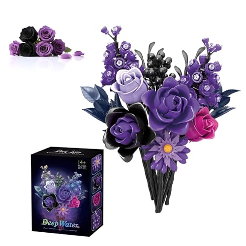 QuirkQuest Lila Rosenstrauß Bausteine Bausatz, 822Stück Botanisches Blumen Bauset für Erwachsene Halloween Pflanzen, Floral Modell Spielzeug, Gothic Kunstblumen Wohnaccessoires (kk20008) von QuirkQuest