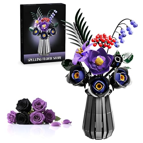 QuirkQuest Lila Rosenstrauß Bausteine Bausatz mit Vase, 836Stück Botanisches Blumen Bauset für Erwachsene Halloween Pflanzen, Floral Modell Spielzeug, Gothic Kunstblumen Wohnaccessoires (13038) von QuirkQuest