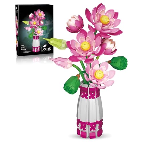 QuirkQuest Lotus Blume Bausteine Bausatz mit Vase, Botanische Sammlung Bauklötze Kit, Blumen Blumenstrauß Modell Spielzeug, Ideen Geschenke für Frauen Erwachsene Mädchen und Haus Büro Dekor(710Stück von QuirkQuest