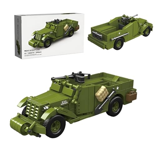 QuirkQuest M3A1 Aufklärungswagen 1:35 Bausteine Bausatz, 300PCS Militärische Waffen Fahrzeug Panzer Modell Spielzeug, STEM WW2 Armee Auto Ziegel Kit, Ideas Geschenke für Kinder Erwachsene（300014） von QuirkQuest
