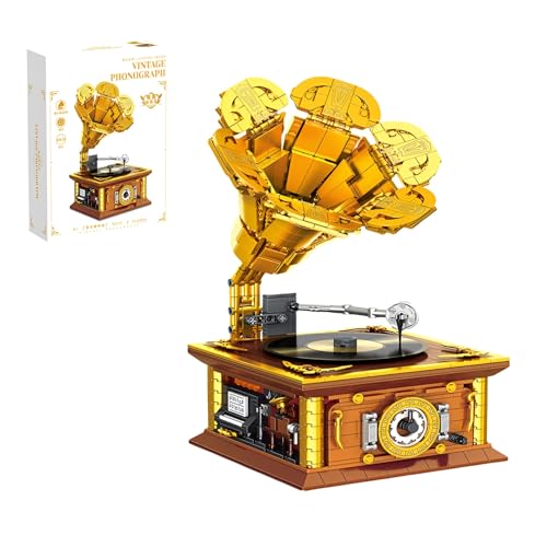 QuirkQuest Retro Serie Phonographen Bausteine Bausatz, 1112Teile Klassisches Modell Spielzeug, Geschenkideen für Kinder, Erwachsene und Teenager von QuirkQuest