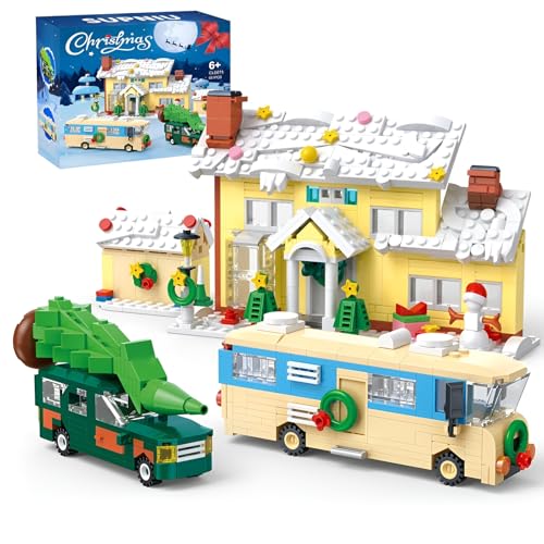 QuirkQuest Schnee Dorf Bausteine Bausatz, Wohnmobil Pickup LKW Garage Ziegel Stein Bausatz, Mint Weihnachtsferien Ferienhaus Modell Spielzeug, Ideen Geschenke für Kinder Erwachsene (650 Stück) von QuirkQuest