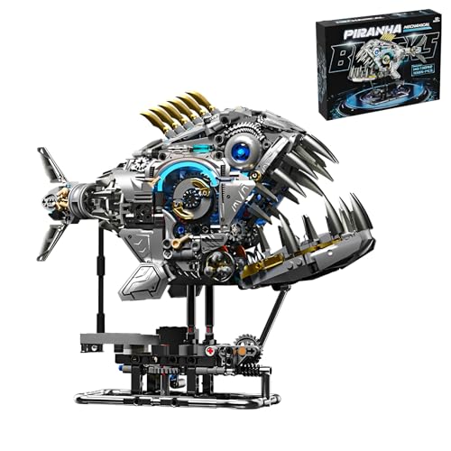 Technik Piranha Fisch mit Sockel Bausteine Bausatz, STEM Magische Kreatur Marine Modell Spielzeug, 1085 Stück Steampunk Retro Tier Klemmbausteine Kit, Kreative Geschenk Dekoration Kinder Erwachsene Technik Piranha Fisch mit Sockel Bausteine Bausatz, STEM Magische Kreatur Marine Modell Spielzeug, 1085 Stück Steampunk Retro Tier Klemmbausteine Kit, Kreative Geschenk Dekoration Kinder Erwachsene von QuirkQuest