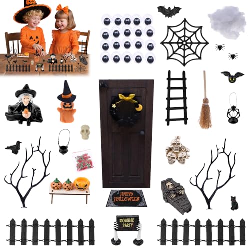 36 StüCk Halloween Puppenhaus Dekoration, Halloween Puppenhaus ZubehöR, Miniatur Puppenhau Set, Miniatur Holz WichteltüR Set Skelette Spinnen FledermäUse KüRbis-Elfe FüR Hallowee Party Dekoration von Quixion