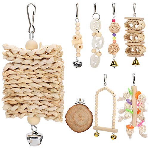 Qukaim 2 x Vogelseil-Sitzstangen, farbenfrohes handgefertigtes Kauspielzeug, Papageienschaukeln, Spiralständer, 80 cm, Holz-Vogelspielzeug-Set, 8 Stück, Vogel-Spaß-Set, Vogel-Hängeschaukel von Qukaim