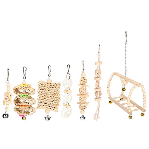 Qukaim 7-teiliges Papageienspielzeug-Set, Hängeschaukel, Glocken, Holzbrücke, Kauteile, umweltfreundlich, Bissfestigkeit, Vogelzubehör für Papageien und andere kleine Vögel Qukaim 7-teiliges Papageienspielzeug-Set, Hängeschaukel, Glocken, Holzbrücke, Kauteile, umweltfreundlich, Bissfestigkeit, Vogelzubehör für Papageien und andere kleine Vögel von Qukaim
