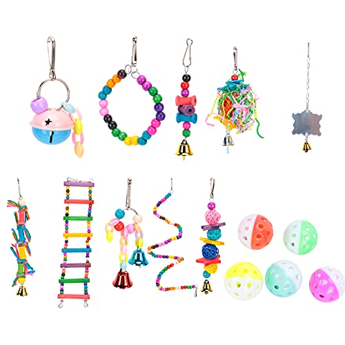 Qukaim Pet Bird Toy Set, 15 Pack Interactive Chew Wooden Pattan Balls Hanging Cage Toys with Bells, Climbing Swing Ladder, Perches for Parrots and Hamsters von Qukaim