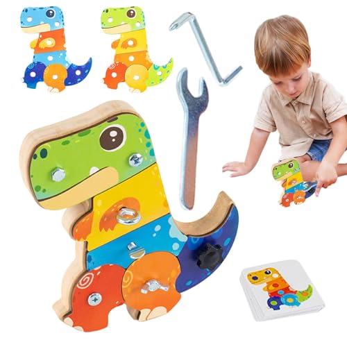 Qumiuu Schraubenspielzeug für Kinder, Sensorikbrett für Kinder,Dinosaurier-Sensorbrett aus Holz | Niedliche, farbenfrohe Lernwerkzeuge, Mehrzweck-Sensortafel für Feinmotorik und Auge-Hand-Koordination von Qumiuu