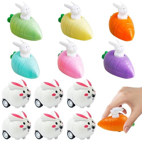 Aufziehbare Hasen, 12 Stück Kaninchen Auto Set, Aufziehbare Osterhasen, Ostern Geschenk Aufziehspielzeug, Aufziehbare Hasen mit Karotte Set, Fahrende Hasen Ostergeschenke für Jungen und Mädchen von Qunkun