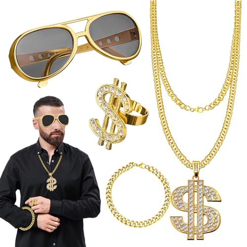 4 Stück Dollar Kette set, Hip Hop Kostüm Set, Rapper Accessoires, Hiphop Schmuck,Kette Dollar Zeichen Ring Retro Sonnenbrillen Personalisiert Armband,80er 90er Jahre Kostüme Outfits und Accessoires von Qunkun