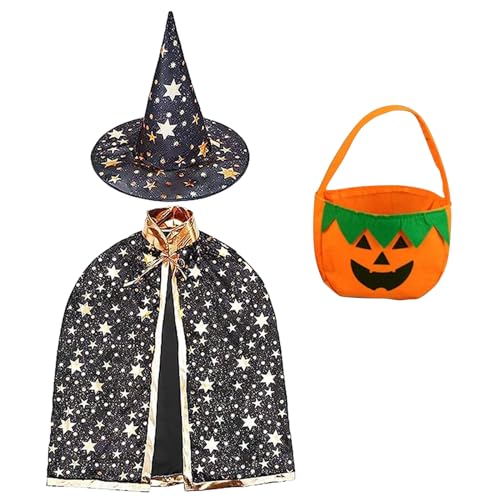 Halloween Kostüme Set, Kinder Halloween Kostüm, Halloween Hexe Umhang, Hexe Zauberer Umhang mit Hut, Witch Umhang mit Kürbis Candy Bag und 20 Tattoos Aufkleber für Halloween Cosplay-Themenparty von Qunkun