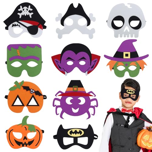 Halloween Maske, 10 Stück Halloween Kinder Cosplay Masken Set, Halloween Filzmaske, Halloween Filzmasken mit Kürbisgeist, Fledermaus, Vampir, Hexen für Maskerade Kindergeburtstag Halloweenparty von Qunkun