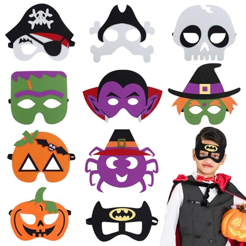 Halloween Maske, 10 Stück Halloween Kinder Cosplay Masken Set, Halloween Filzmaske, Halloween Filzmasken mit Kürbisgeist, Fledermaus, Vampir, Hexen für Maskerade Kindergeburtstag Halloweenparty von Qunkun