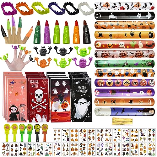 Halloween Mitgebsel Party Mitbringsel, 78PCS Halloween Party Spielzeug, Halloween Party Mitgebsel, Partygeschenke, Halloween Mitgebsel Kinder, Geschenk Tüten, Slap Armbänder Hexen Finger Aufkleber von Qunkun