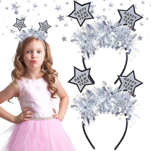 Qunkun Silvester Haarreif, 2 Stück 2025 Happy New Year Party Haarschmuck Mit Federn und Sternen, Silber Strass Glitzernd Zubehör (A) von Qunkun