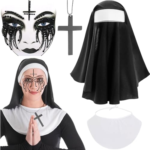 Qunkun 4 Stück Nonnen Kostüm Damen, Nonnen Kopfbedeckung, Karneval Horror Nonne Kostüm, Nonnen Kostüm Damen Halloween, Gesichtstattoo Karneval, Nonnen Kopfbedeckung, Karneval Kostüm Damen Gruselig von Qunkun