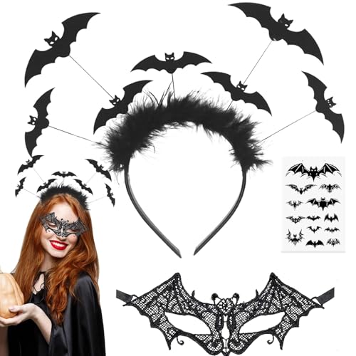 Qunkun Karneval Haarreif Set, Fledermaus Haarreif, Fledermaus Kostüm, Karneval Kostüm Damen Zubehör, Vampir Haarreifen, Fledermaus Tattoo Aufkleber, Karneval Stirnband Accessoires für Damen Kinder von Qunkun