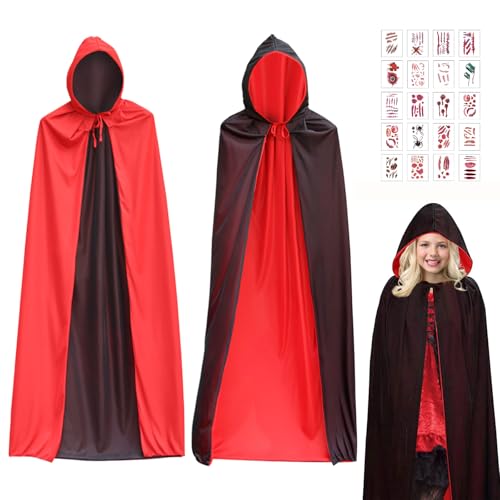 Qunkun Halloween Kostüm Vampir, Schwarz Vampir Kostüm, Umhang mit Kapuze, Umhang Kapuzenumhang, Vampir Kostüme Set, Hexenumhang Cosplay Kostüm mit 20 Halloween Temporäre Tattoo für Karneval Fasching von Qunkun