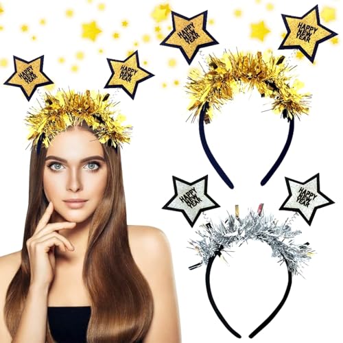 Qunkun Happy New Year Haarreifen, 2 Stück Stirnband, 2025 Kopfschmuck Haarreifen Silvester, Party Haarreif mit Federn und Sternen, Silber Strass glitzernd Silvester Party Haarschmuck Zubehör (C) von Qunkun