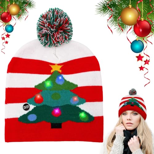 Qunkun LED Weihnachtsmütze für Kinder und Erwachsene - Mit Weihnachtsbaum-Muster, Lustig, Mütze mit Licht von Qunkun