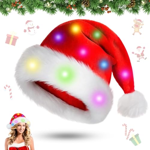 Qunkun Weihnachtsmütze LED Mütze für Kinder und Erwachsene, Rote Weihnachtsmann Mütze Mit Licht, Nikolausmütze Plüsche für Weihnachtsfeier von Qunkun