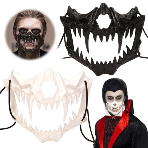 Schädel Motorrad Skelett Halbe Gesichtsmaske, 2 Stück Skelett Maske Halloween, Tier Maskerade Wolf, Vintage Wolf Kostüm Masken, Maske Skelett kinnlos für Karneval Fasching Kostüm Halloween Party von Qunkun