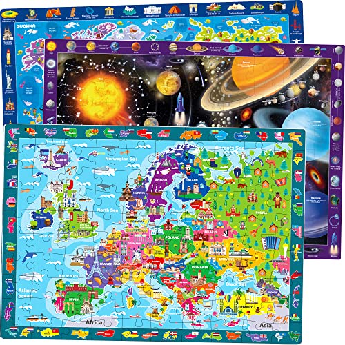100 Teile Puzzle ab 4 5 6 Jahre – 3 Groß Spiele für Mädchen und Jungen – Kinder Spielzeug Weltraum Landkarten Europa und Weltkarte – Bodenpuzzles Geschenk für 7 8 Jährige von Quokka