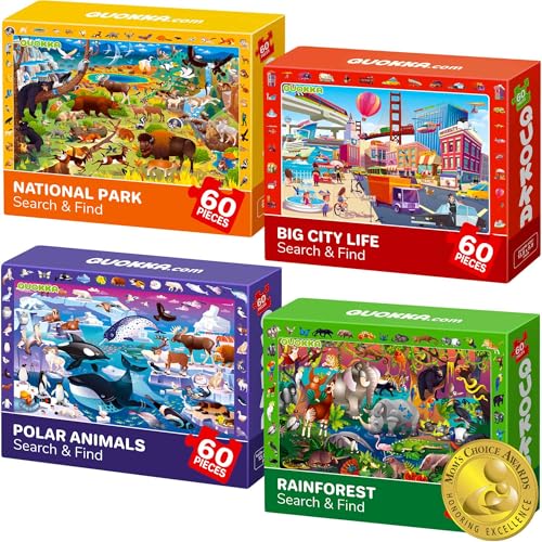QUOKKA Puzzle ab 4 5 Für Kinder - 4x60 Teile Rahmenpuzzle ab 5 6 Jungen und Mädchen - Puzzle Spiele mit Stadt, Polar, Regenwaldtiere - Geschenk Spielzeug für Kinder 6 7 8 Jahre von QUOKKA
