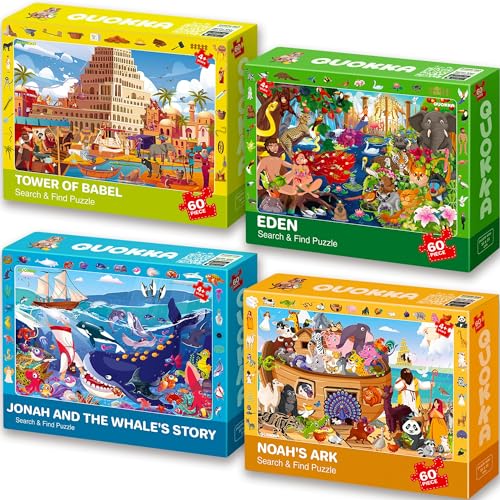60 Teile Puzzle ab 4 5 6 Jahre - 4 Satz Rahmenpuzzle Spiele für Jungen und Mädchen von QUOKKA - Turmbau zu Babel | Noahs Arche | Eden-Spielzeug für Kinder von 5 bis 7 Jahren von Quokka