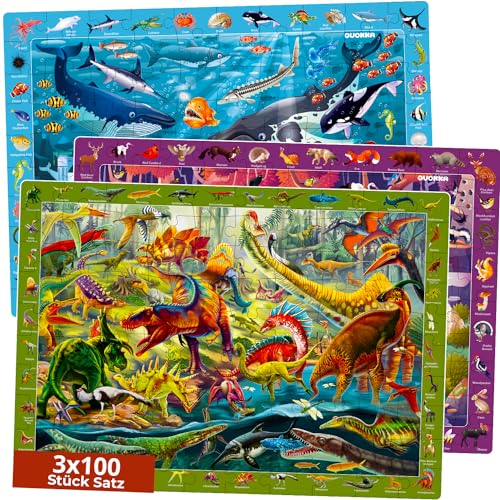 Boden Puzzle ab 3 4 5 Jahre – 3er-Set Spiele für Kinder by QUOKKA – 100-teilige Kinderpuzzle mit Wald Meerestiere & Dinosaurier – Lernspielzeug für Mädchen & Jungen 6 7 8 Jahren von Quokka