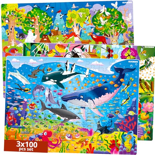 Puzzle ab 4 5 6 Jahre - 3 Set Puzzle 100 Teile von Quokka - Kinder Spiele ab 5-6 Jahre von Insekten Meeres- und Waldtieren – Geschenk für Jungen und Mädchen 7 8 von Quokka