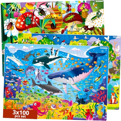 Puzzle ab 4 5 6 Jahre - 3 Set Puzzle 100 Teile von Quokka - Kinder Spiele ab 5-6 Jahre von Insekten Meeres- und Waldtieren – Geschenk für Jungen und Mädchen 7 8 von Quokka