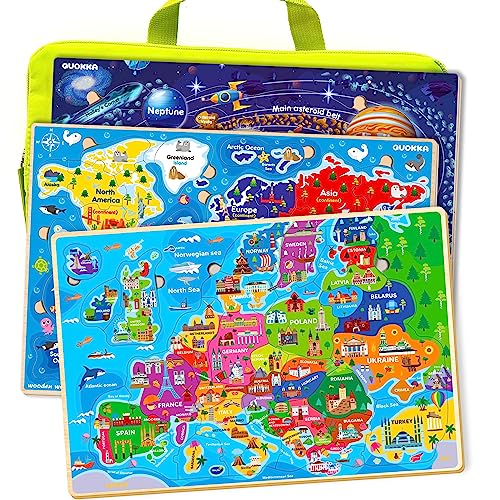 Holzpuzzle ab 3 4 5 Jahre - 3 Set Kinderpuzzle von QUOKKA - Kinder Spielzeug Weltraum Landkarten Europa und Weltkarte - Geschenk für Jungen und Mädchen ab 6 7 8 von Quokka