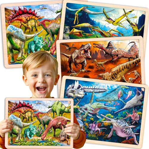 QUOKKA Spielzeug Puzzle ab 3 4 5 Jahre - 4x36 Holzpuzzle Spiele für Kinder - Geschenk Kinderspielzeug für Mädchen and Junge ab 6 7 mit Realistischen Dinosauriern von Quokka