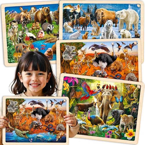 QUOKKA Kinderspielzeug Puzzle ab 3 4 5 Jahre - 4x24 Montessori Holzpuzzle Spiele ab 3 Jahre - Lernspiele Puzzle ab 5 - Geschenk Spielzeug ab 6 7 mit Polar -Tropen -Yellowstone - Australischen von Quokka
