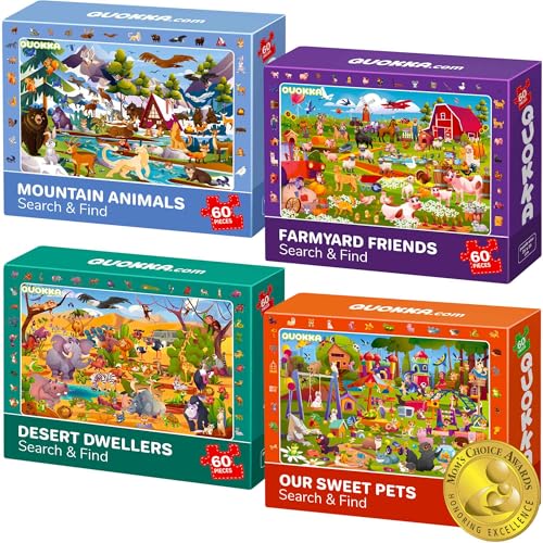 QUOKKA Puzzle ab 4 5 Für Kinder - 4x60 Teile Rahmenpuzzle ab 5 6 Jungen und Mädchen - Suchen & Finden Puzzle Spiele Wüste – Berge – Haustiere - Bauernhof - Geschenk Spielzeug für Kinder 6 7 8 Jahre von Quokka