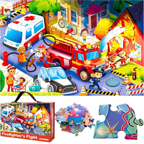 QUOKKA Riesiges Bodenpuzzle ab 3 4 5 Jahren – 48-teilige Puzzle Spiele ab 5 6 Jahre – 60x90 cm Puzzle XXL mit Feuerwehrautos für Kleinkinder - Große Spielzeug Geschenk für Jungen und Mädchen von QUOKKA