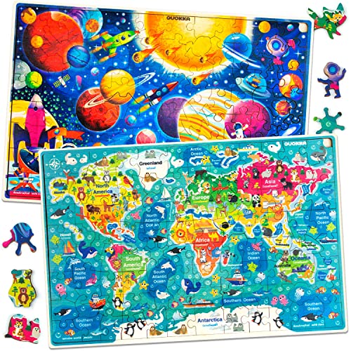 QUOKKA Puzzle ab 4 5 Jahre - 2 x 100 Teile Kinder Holzpuzzle ab 6 7 - Kinder Spielzeug Für Lernen Weltkarte Weltraum Planeten - Geschenk Kinderspielzeug für Mädchen and Junge 3 5 8 von QUOKKA