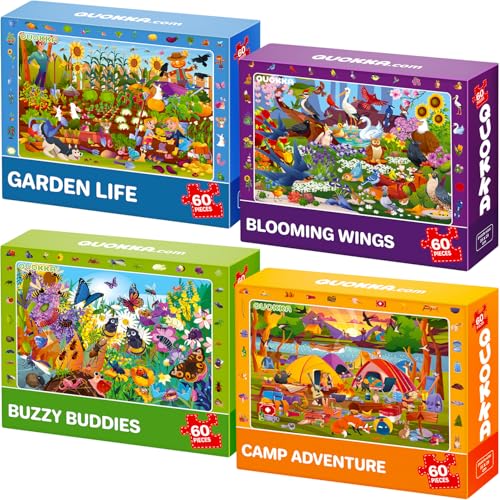 QUOKKA Puzzle ab 4 5 Für Kinder - 4x60 Teile Rahmenpuzzle ab 5 6 Jungen und Mädchen - Suchen & Finden Kinderpuzzles ab 6 7 Jahren - Puzzle Spiele Vögel, Camping, Garten und Käfer - Geschenk Spielzeug von QUOKKA